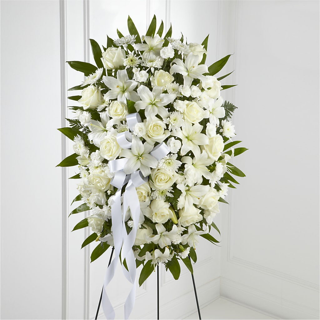Exquisite Tribute Standing Spray-White Ribbon – DIGIORGIO'S FLORIST, Charleroi PA