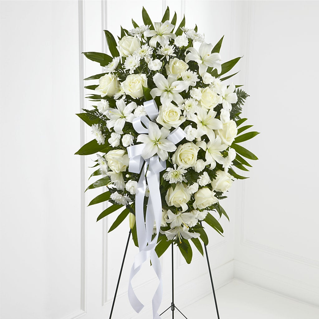 Exquisite Tribute Standing Spray-White Ribbon – DIGIORGIO'S FLORIST, Charleroi PA
