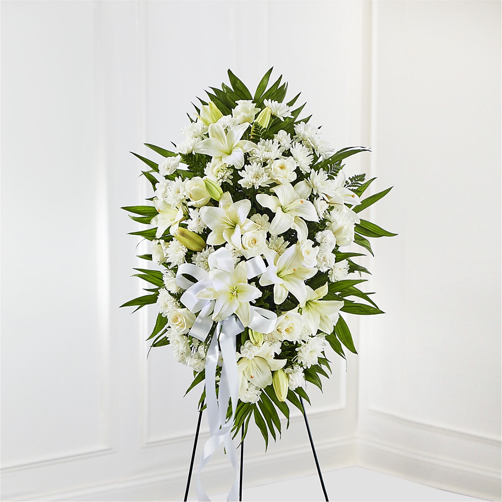 Exquisite Tribute Standing Spray-White Ribbon – DIGIORGIO'S FLORIST, Charleroi PA